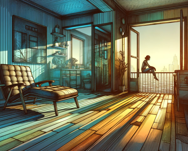 Cozy Sunlit Room with Balcony and City Skyline View