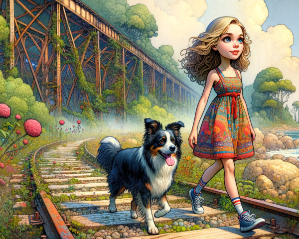 Young girl with border collie by ocean path