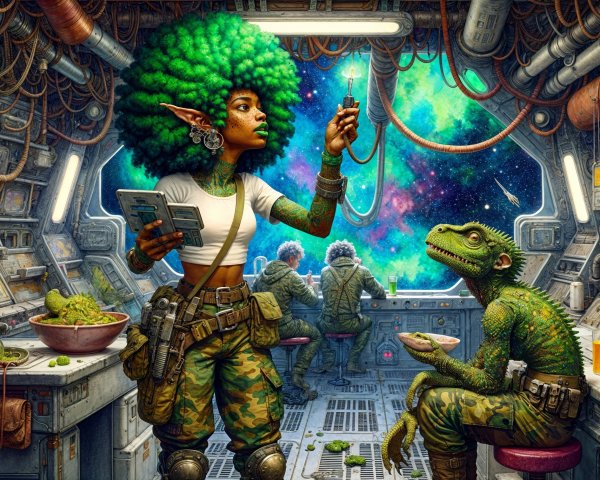 Futuristic spacecraft interior with vibrant characters and scenery