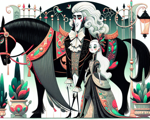 Elegant Gentleman with Black Horse and Young Woman