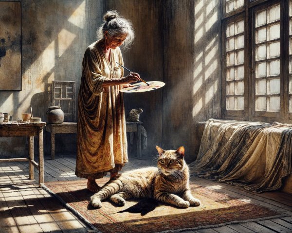 Elderly Woman Painting in Sunlit Room with Cat