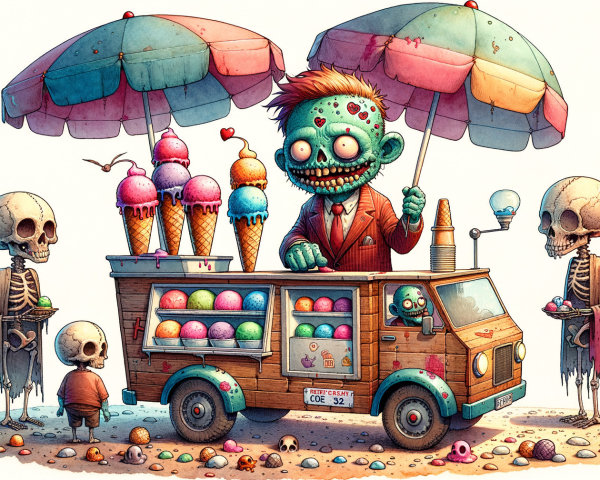 Whimsical Zombie Ice Cream Truck with Skeletons Scene