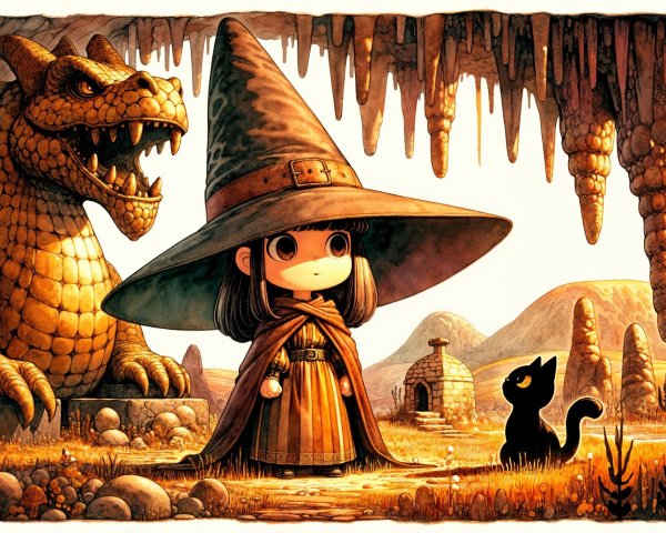 Underground Scene with Witch, Cat, and Stone Dragon