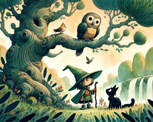 Whimsical Scene of a Young Witch and Nature Elements