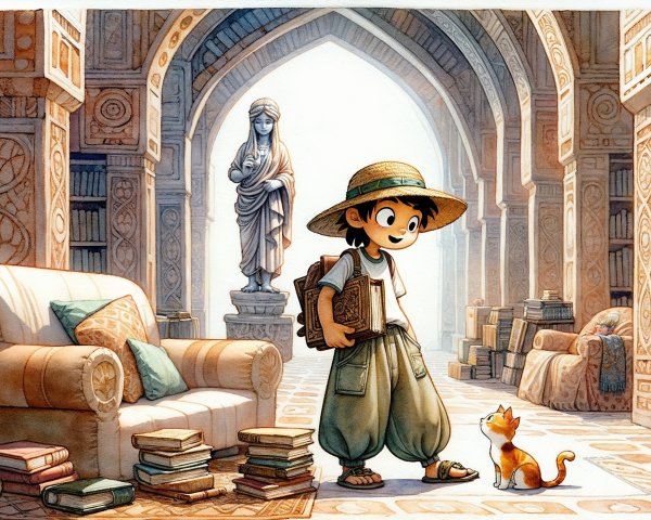 Young Boy in Straw Hat in Grand Library with Cat