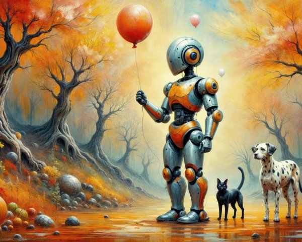 Humanoid Robot with Balloon in Autumn Landscape