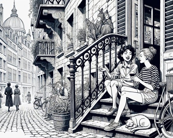 Charming Cobblestone Street Scene with Two Women and Cat