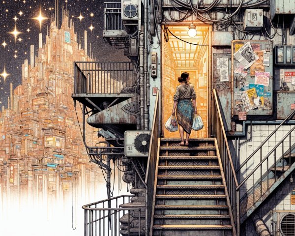 Solitary Figure on Stairway Overlooking Cityscape