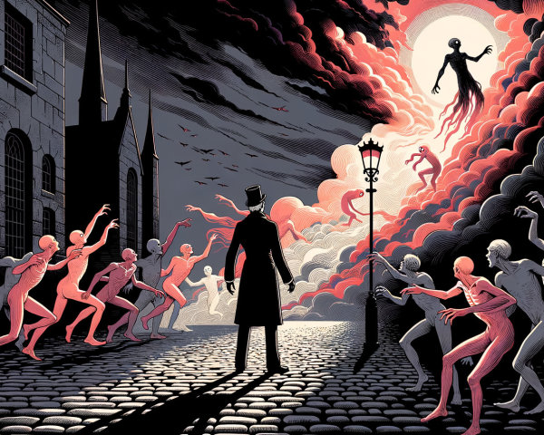 Figure in Long Coat on Cobblestone Street at Night