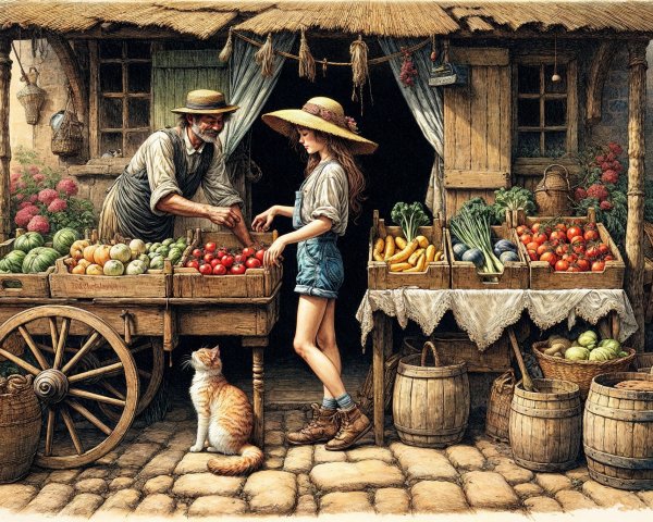 Lively Market Scene with Vendor and Fresh Produce