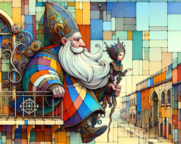 Whimsical Scene of a Bearded Figure on a Balcony