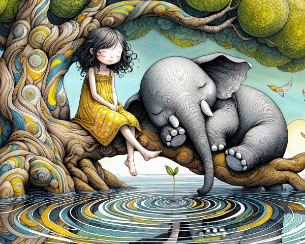 Whimsical Illustration of Girl and Sleeping Elephant