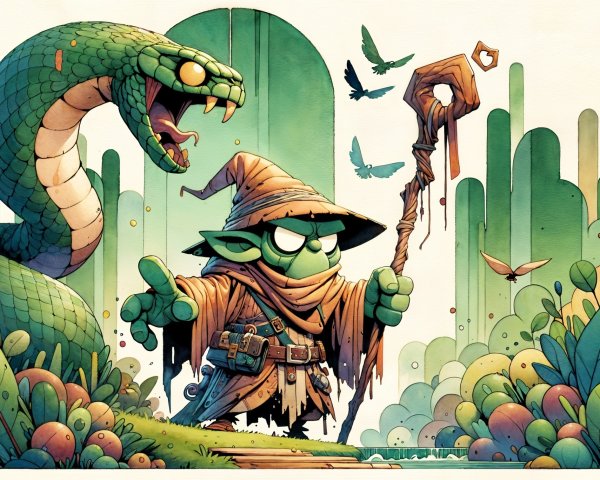 Whimsical Scene of a Green Wizard and Menacing Snake