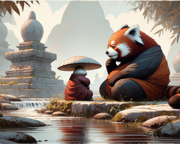 Giant Red Panda and Figure in Tranquil Bamboo Forest