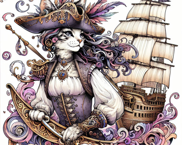 Whimsical Feline Pirate Illustration with Adventure Theme
