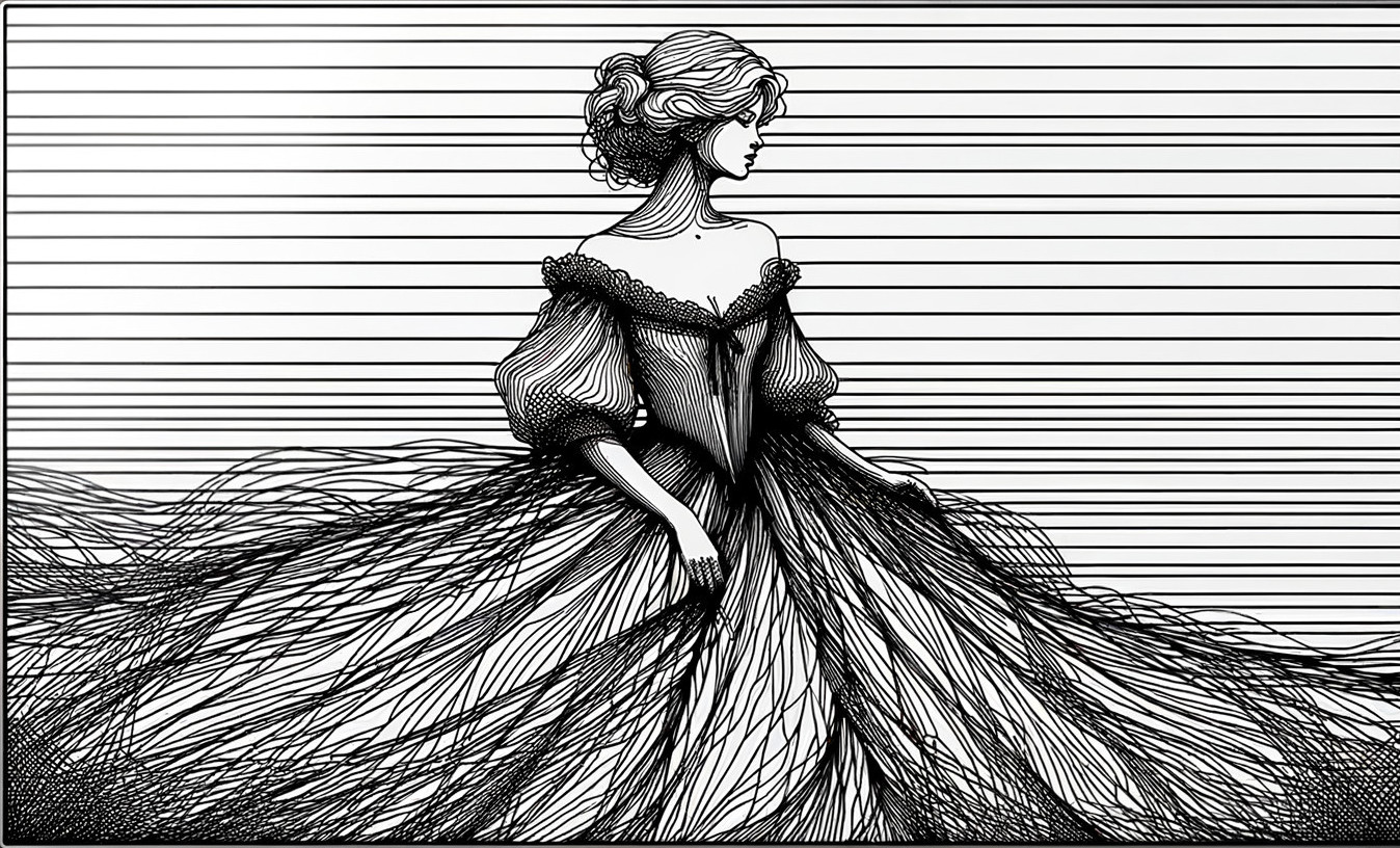 Stylized Figure of Woman in Elegant Gown and Background