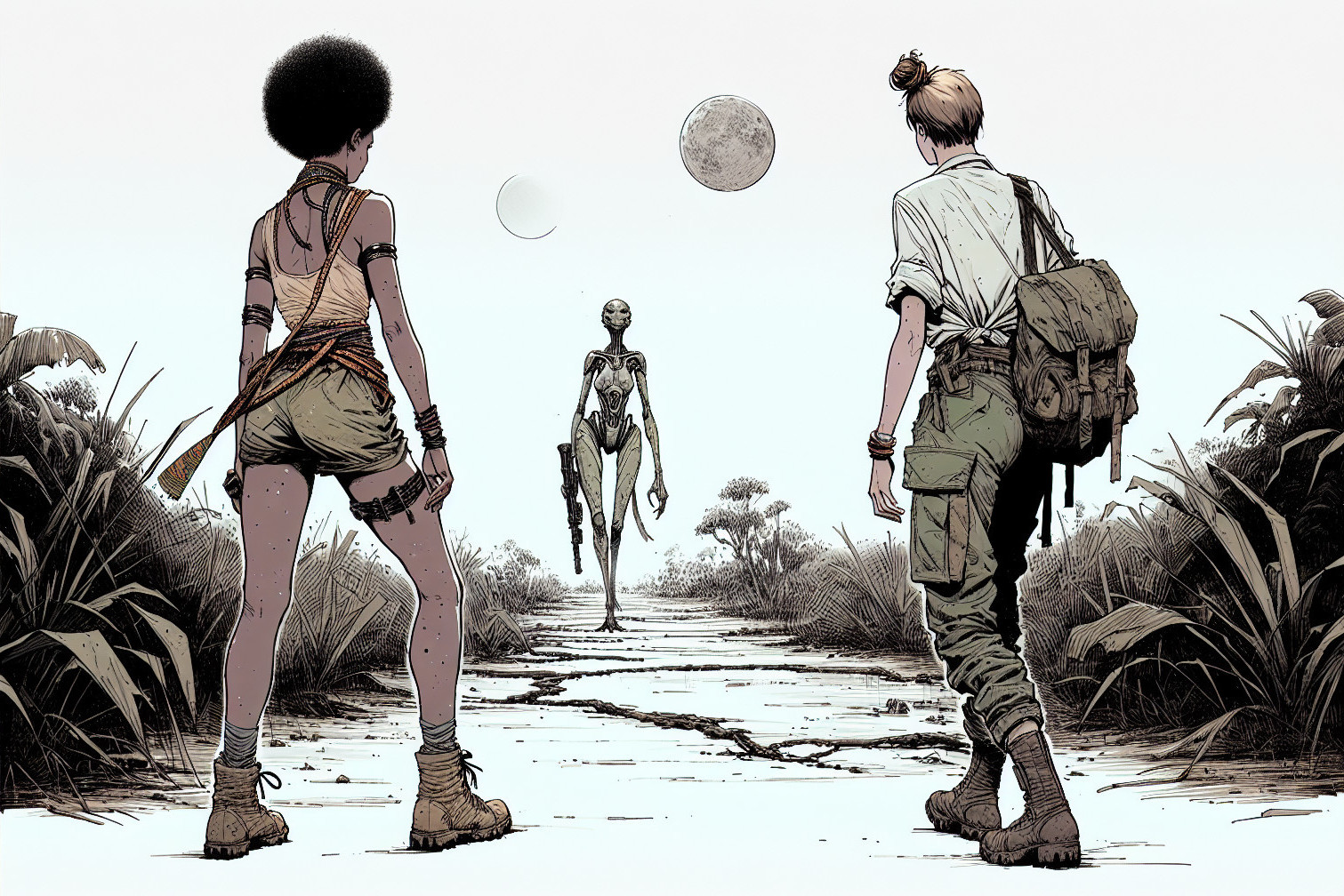 Explorers Encounter Alien in Desolate Landscape