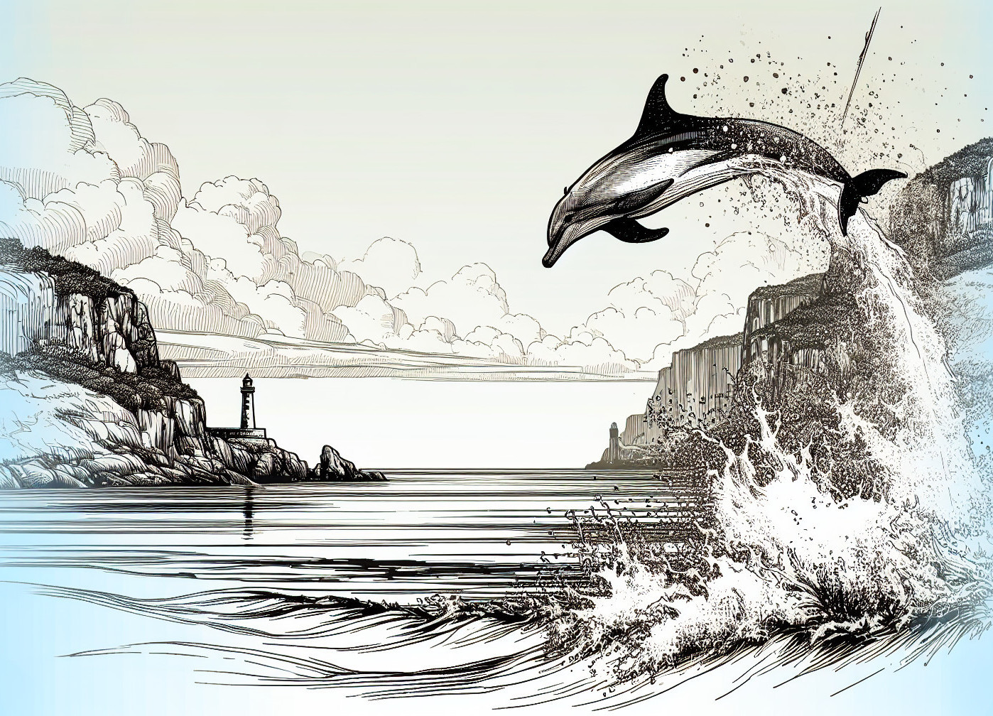 Dolphin Leaping in Scenic Coastal Landscape