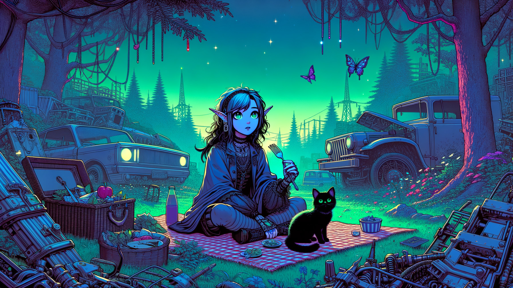 Elf and Cat Picnic in a Whimsical Forest Setting