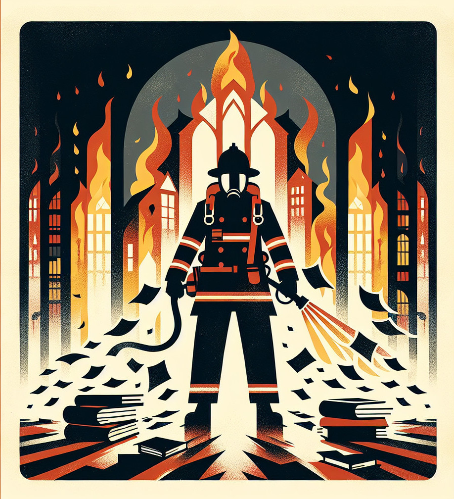 Firefighter Illustration Amidst Flames and Chaos