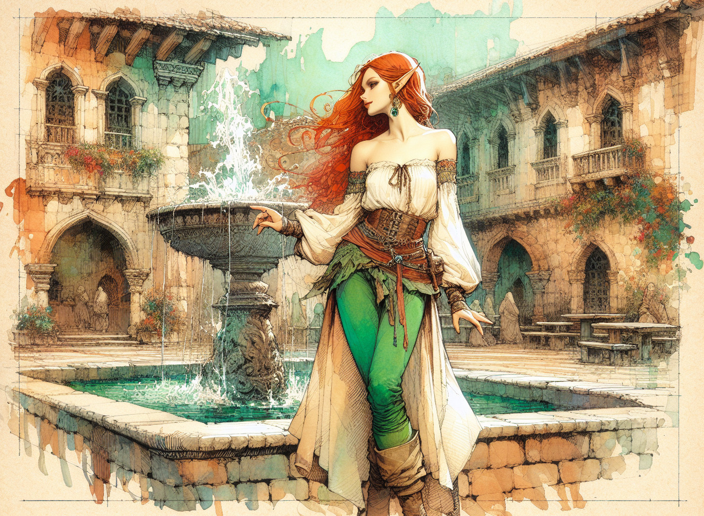 Elven Woman by Decorative Fountain in Courtyard