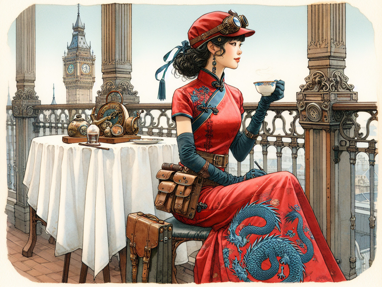 Elegant Woman in Red Cheongsam on Balcony with Tea
