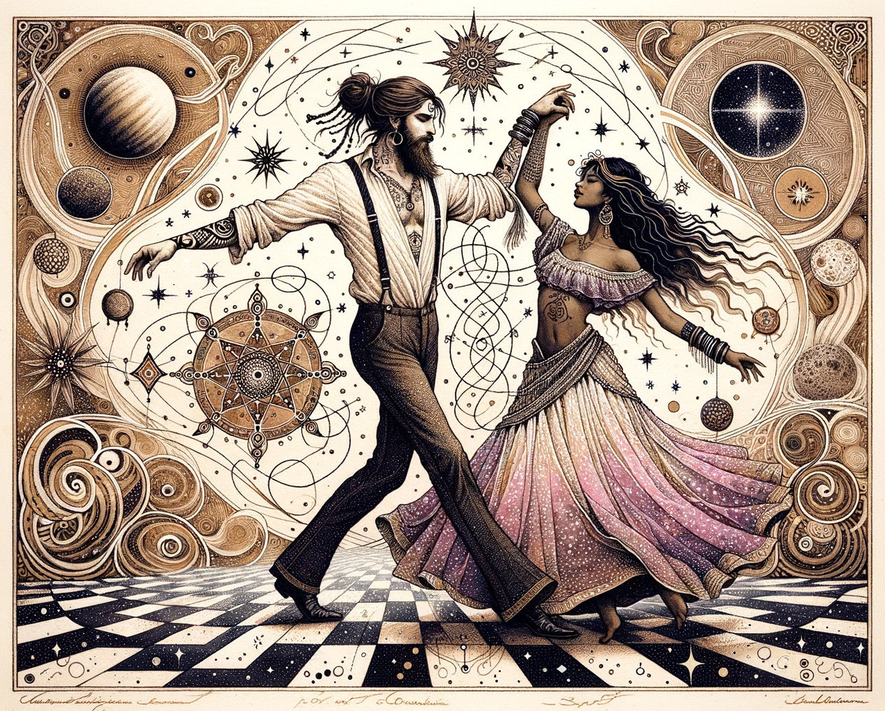 Whimsical Dance Amidst Cosmic Galaxies and Stars