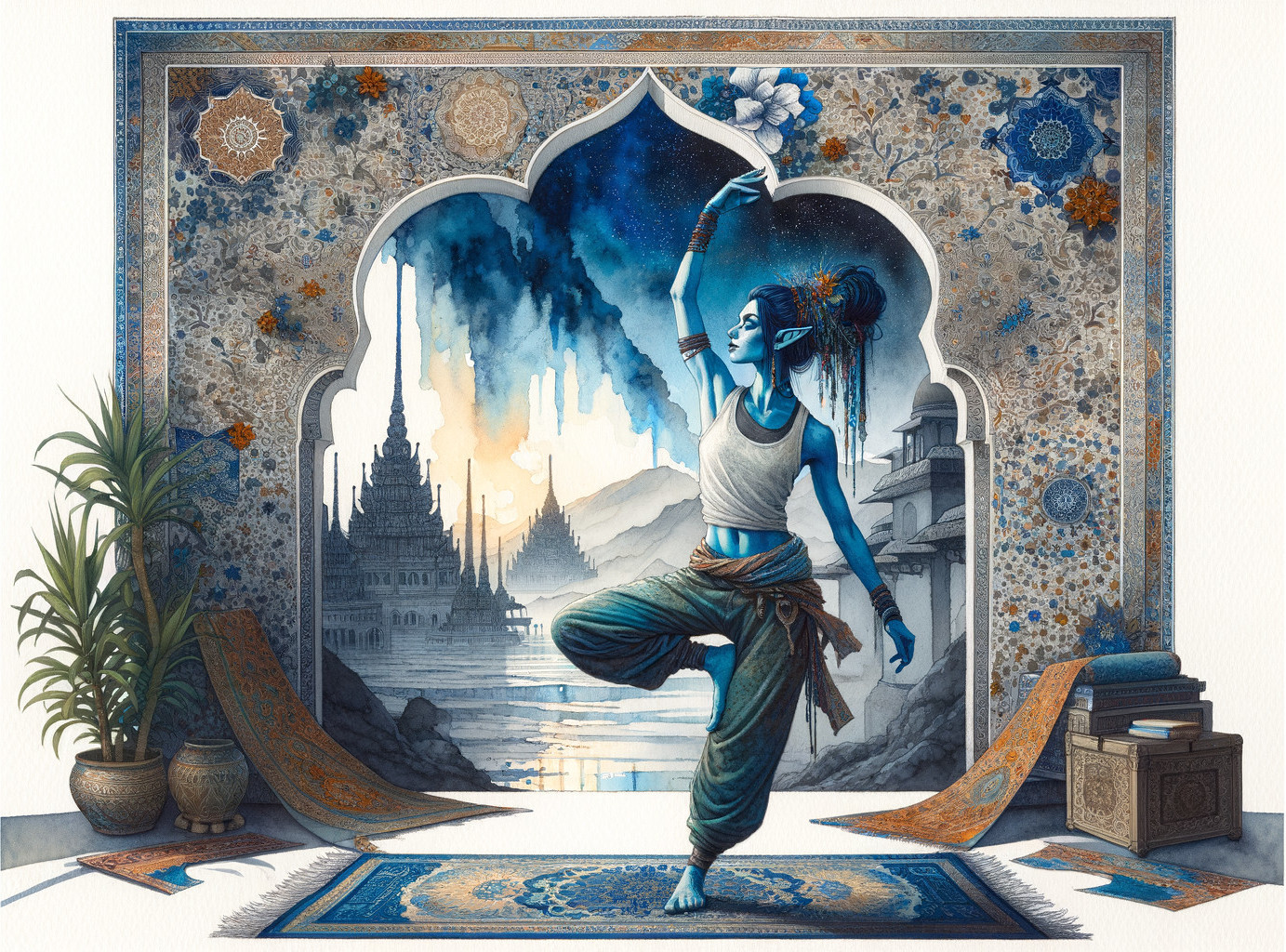Blue-Skinned Character in Elegant Dance Pose with Backdrop
