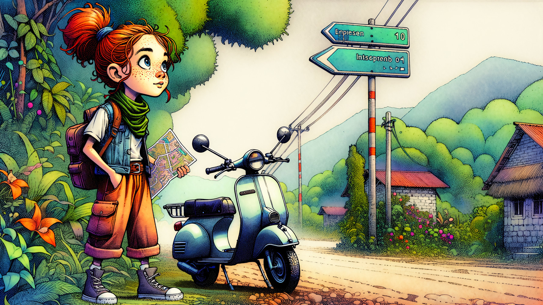 Young girl with red hair at a fork in the road