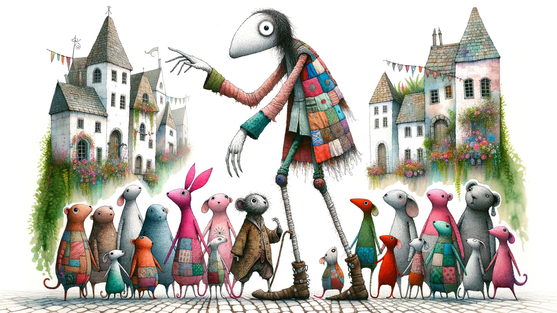 Whimsical Village Gathering with Colorful Animals