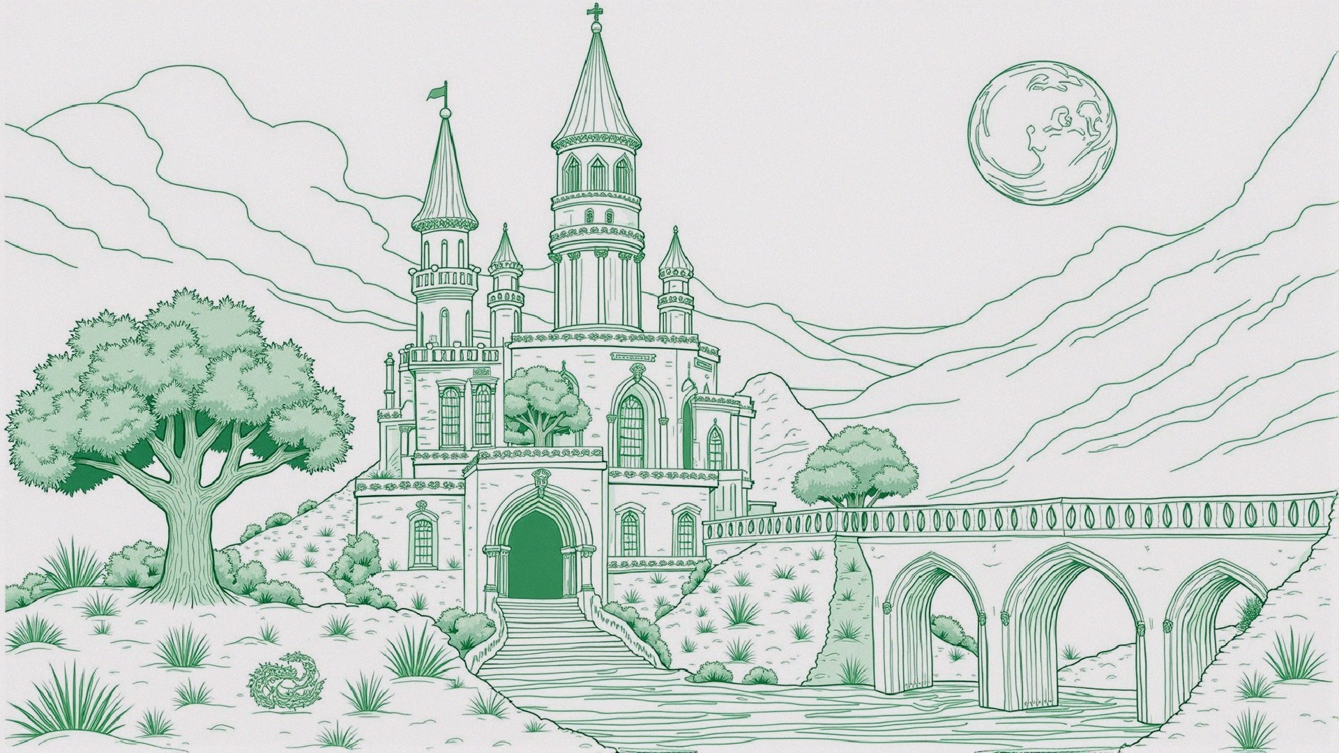 Whimsical Castle with Spires in Tranquil Landscape