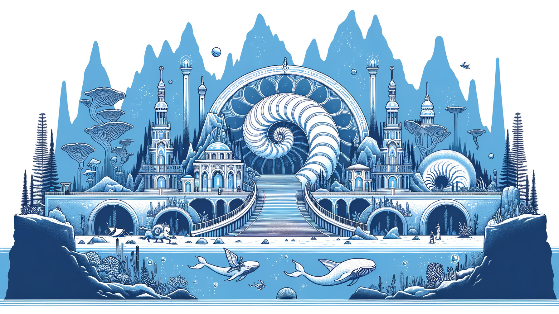 Surreal Landscape with Spiraling Towers and Aquatic Life