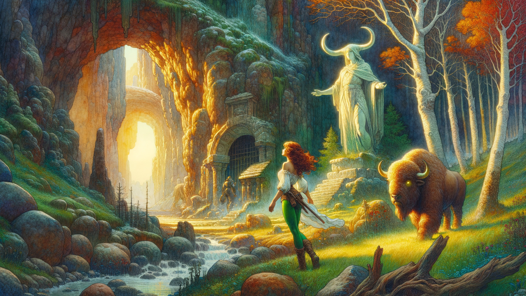 Mystical Landscape with Woman, Statue, and Nature Elements