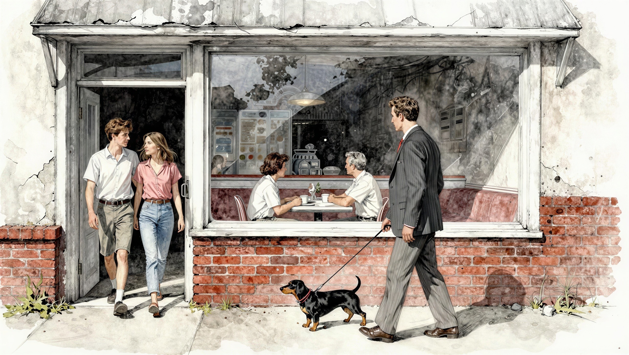 Watercolor Scene of Man Walking Dachshund by Cafe