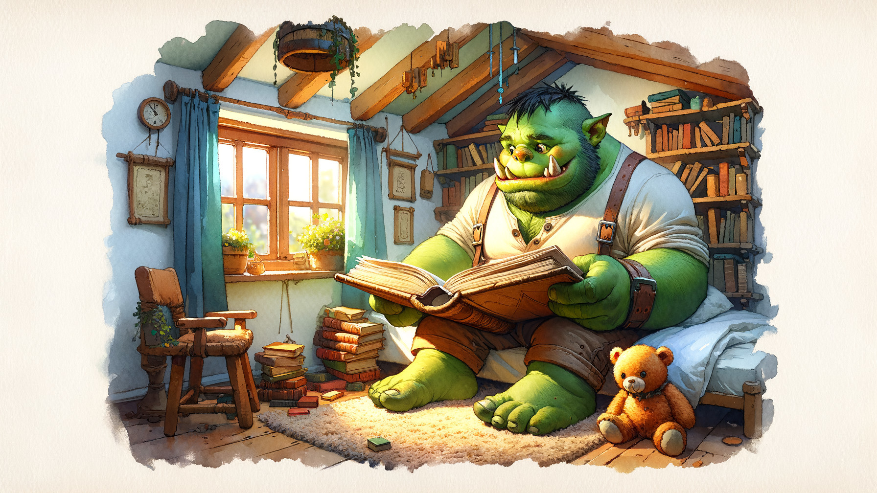 Ogre Reading in a Cozy Sunlit Room with Bookshelves
