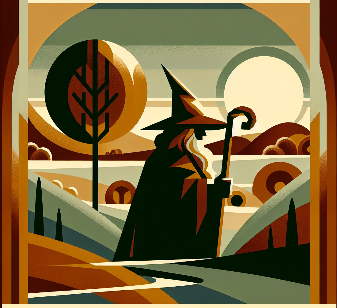 Whimsical Illustration of a Cloaked Figure in Landscape