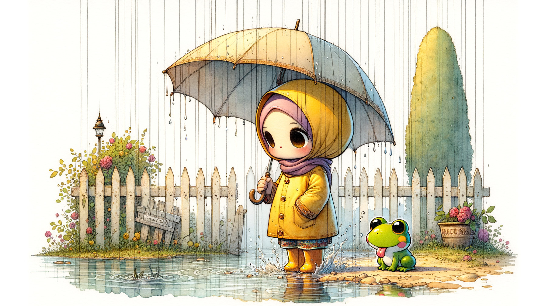 Child in yellow raincoat with frog by puddle