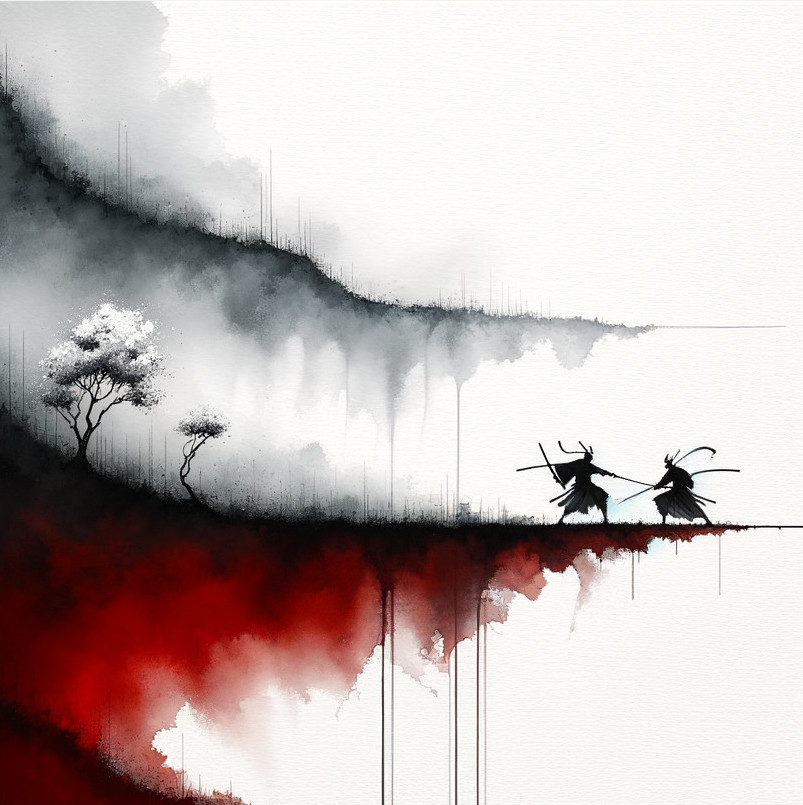 Samurai Duel Against Abstract Black and Red Landscape