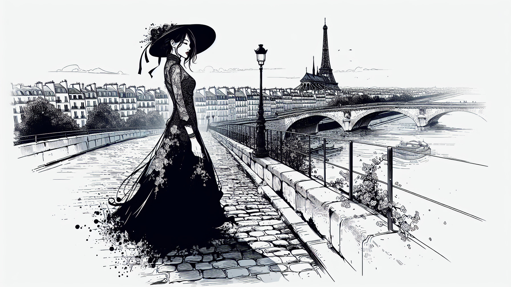 Elegant Figure in Black Gown by Seine in Paris