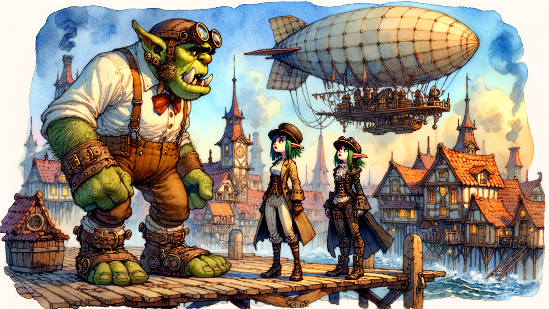 Steampunk City Scene with Goblin and Elves on Pier