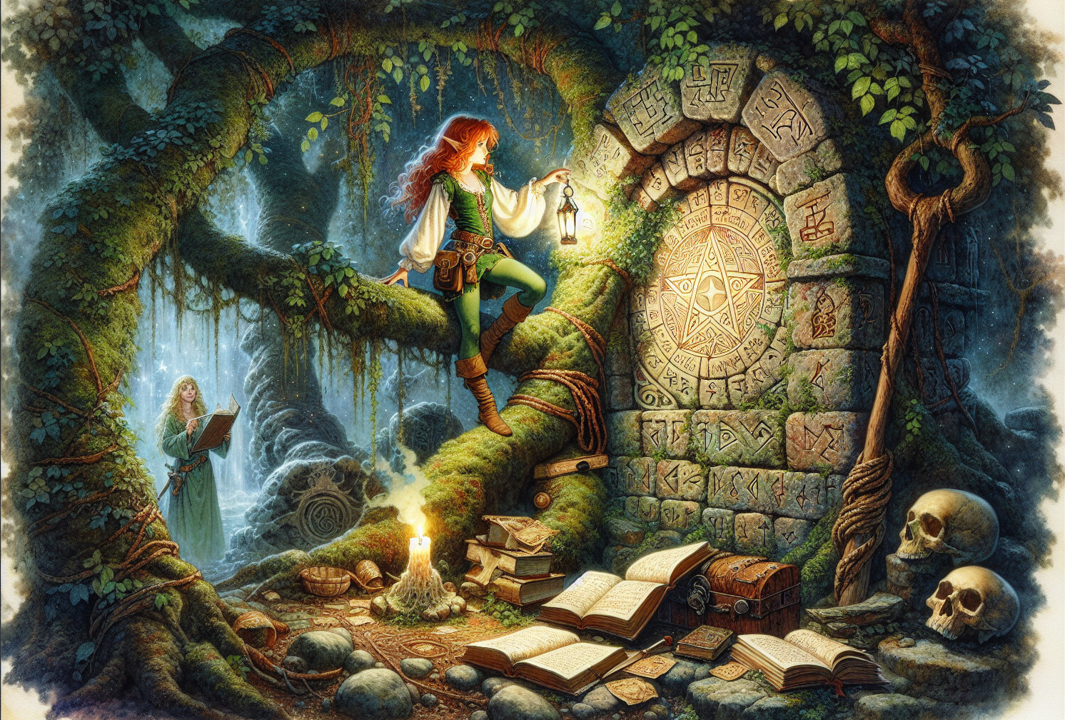 Adventurer with Lantern in Mystical Forest Setting