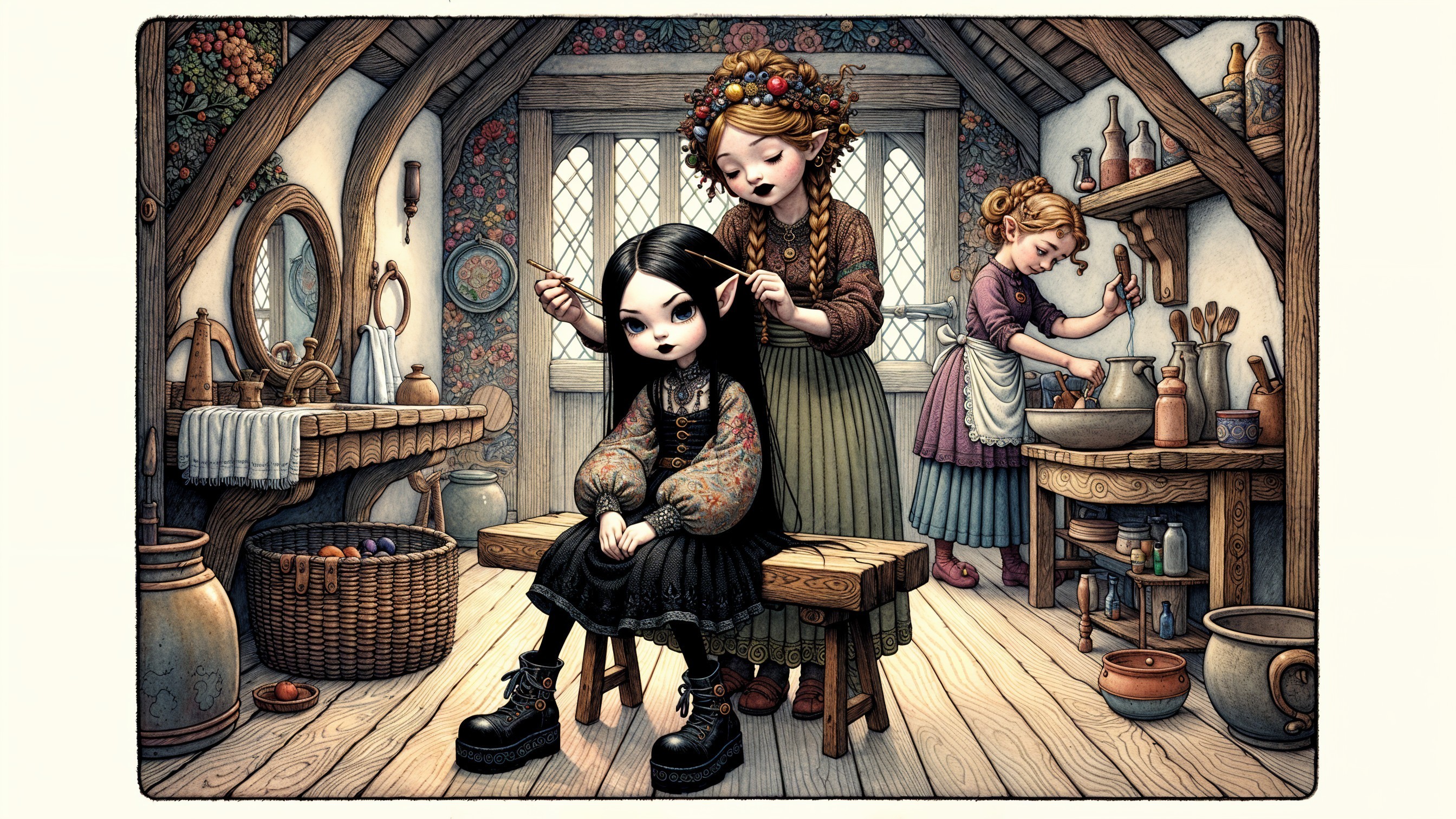 Cozy Scene of Girls Braiding Hair in Rustic Setting