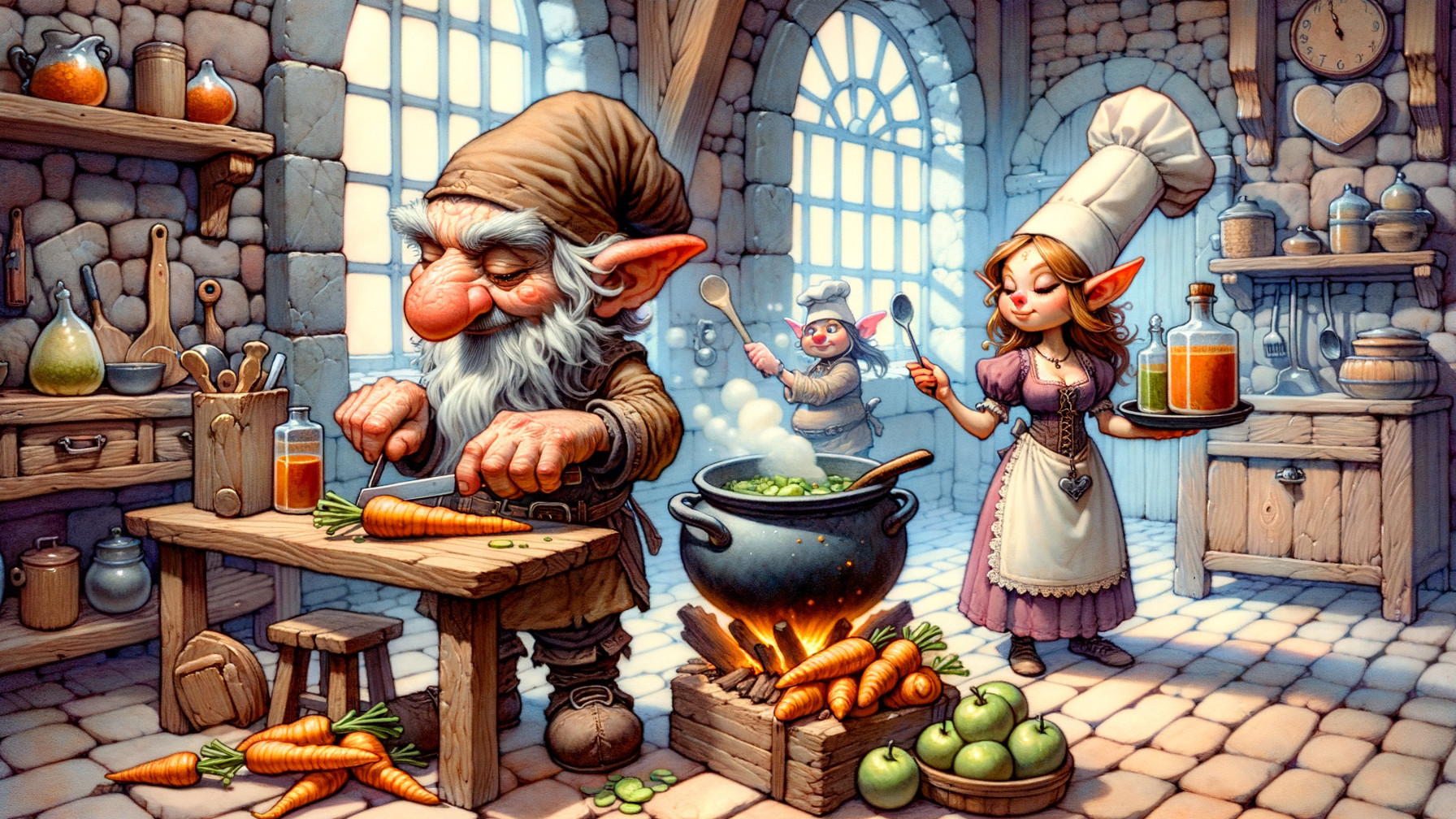 Medieval Kitchen Scene with Gnome and Elf Chef