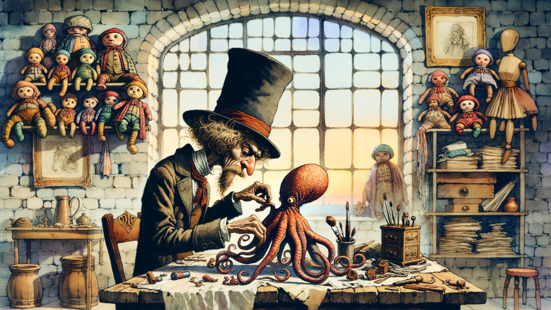 Whimsical Workshop with Craftsman and Lively Octopus