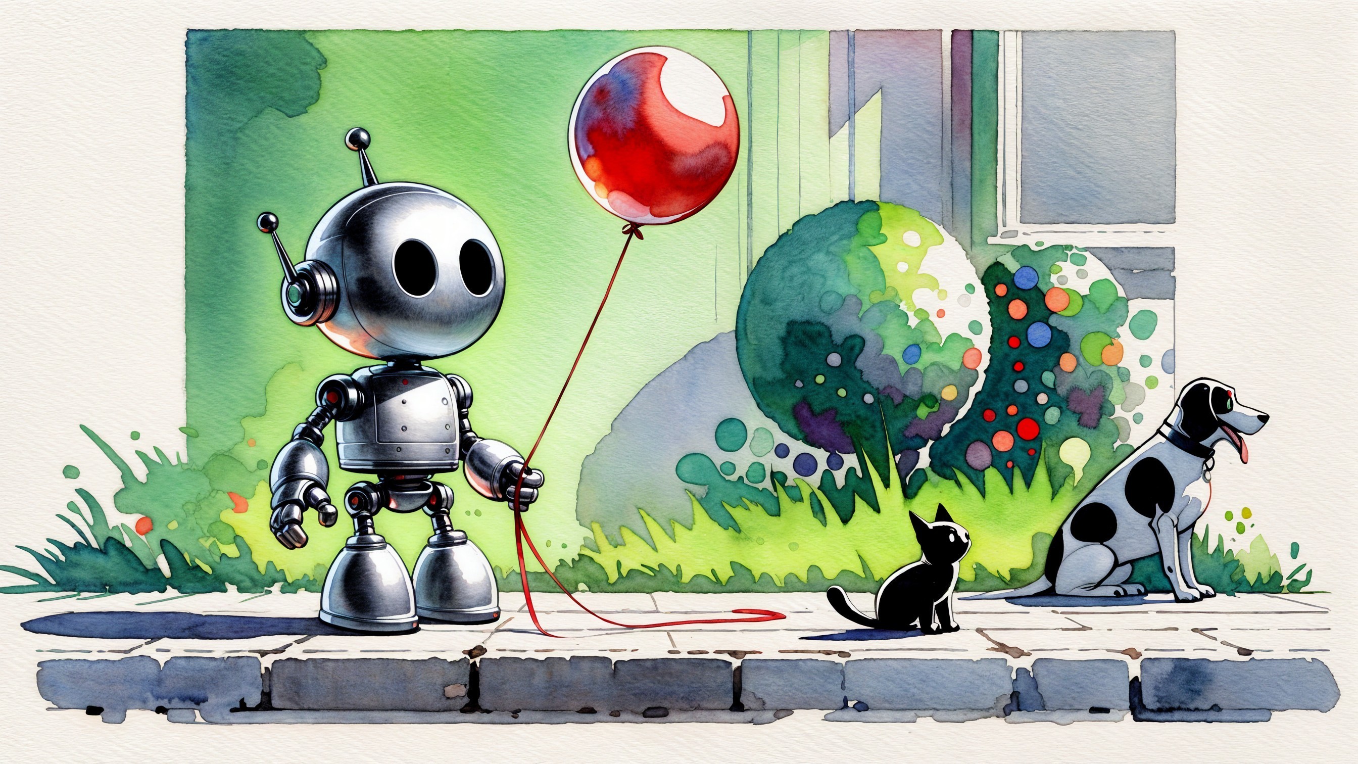 Cartoon Robot with Balloon Surrounded by Animals