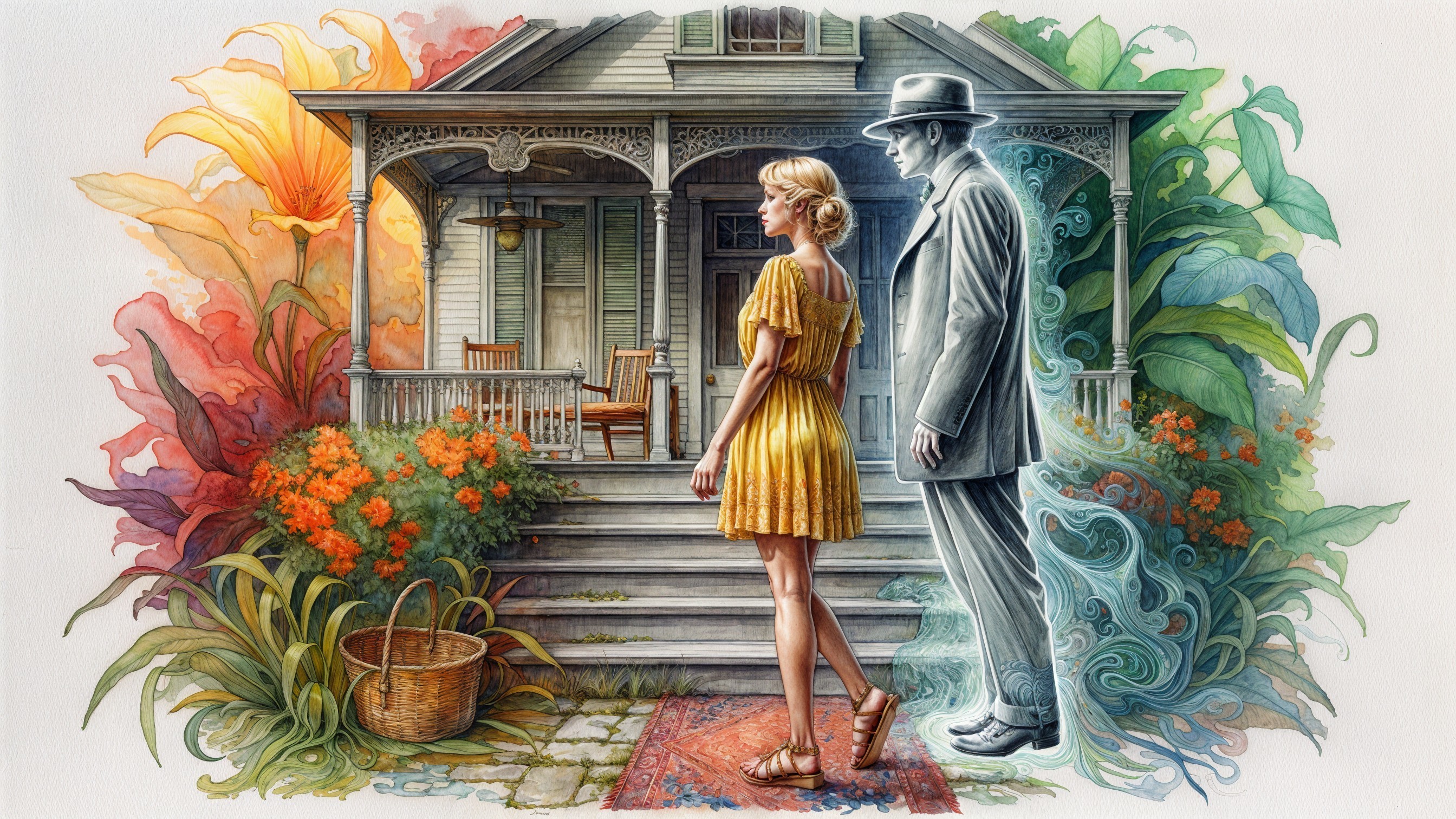 Young Woman in Yellow Dress on Nostalgic Porch