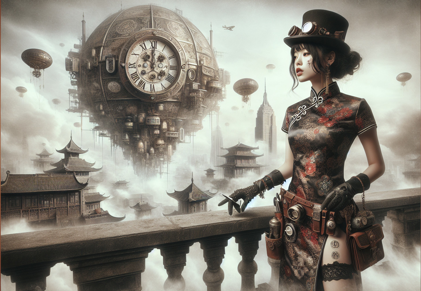 Steampunk Scene with Woman and Floating Clock Tower