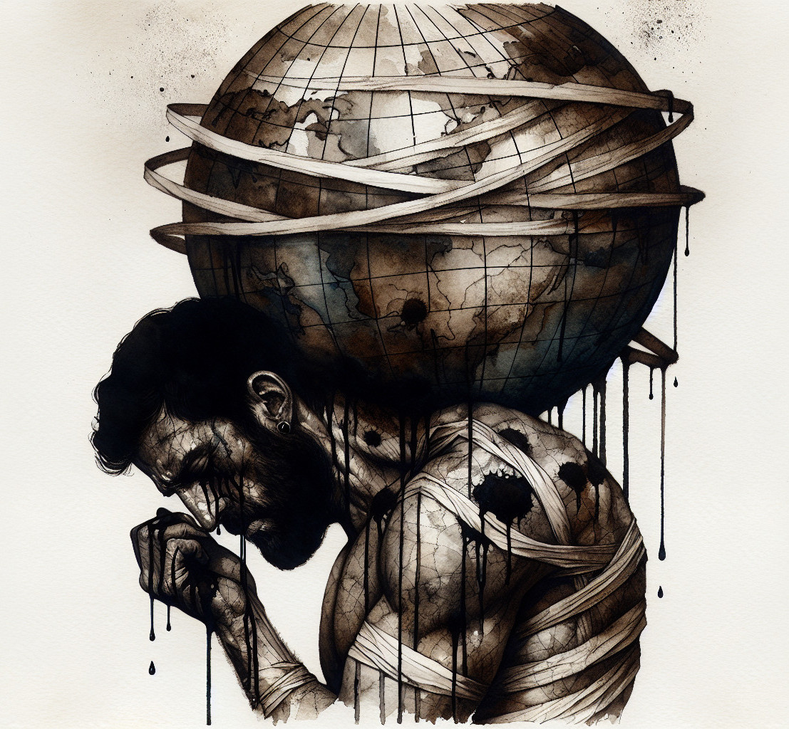 Somber Figure with Globe Illustrating Struggle and Resilience