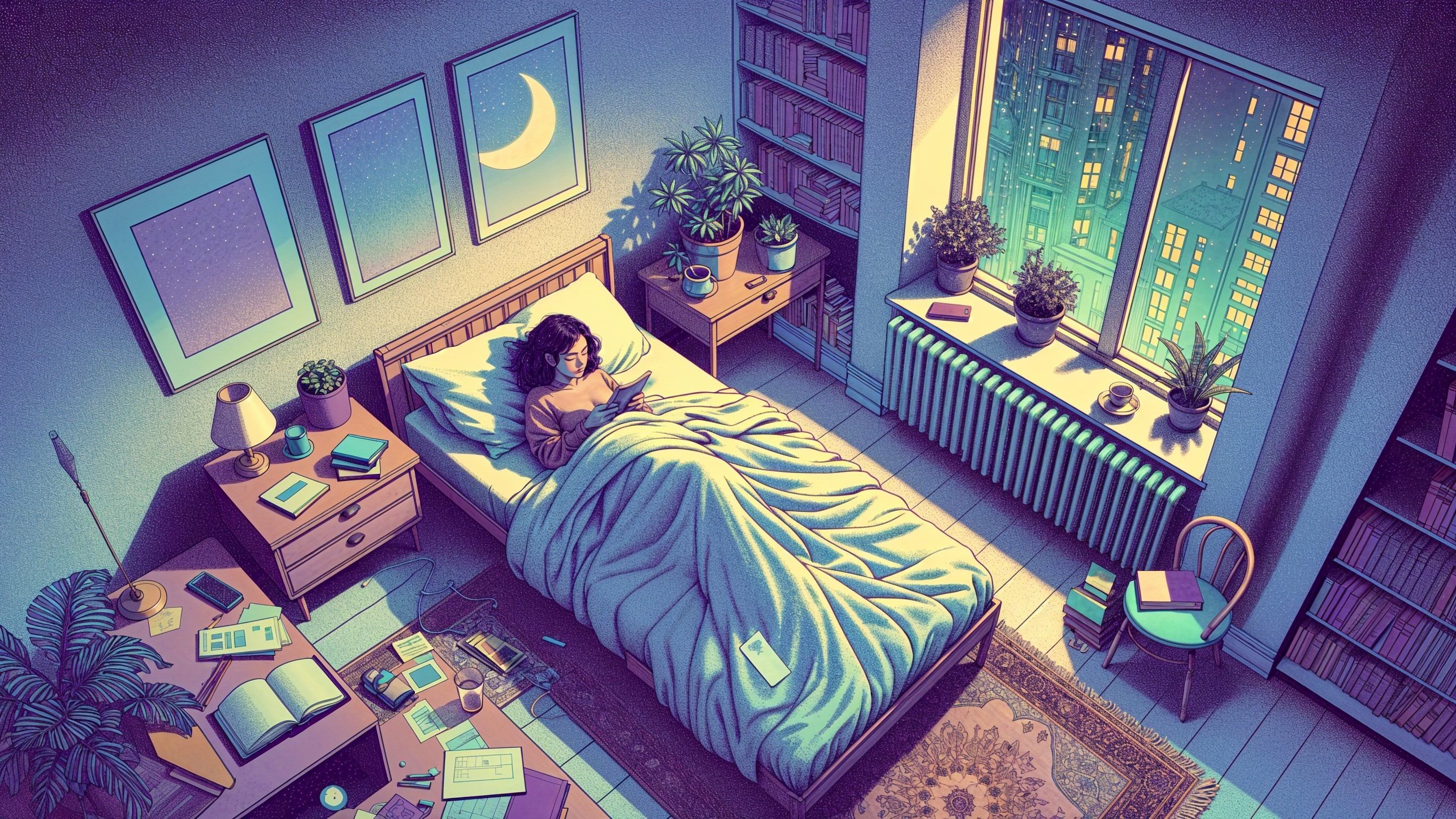Cozy Bedroom Scene with Moonlight and Tranquil Decor