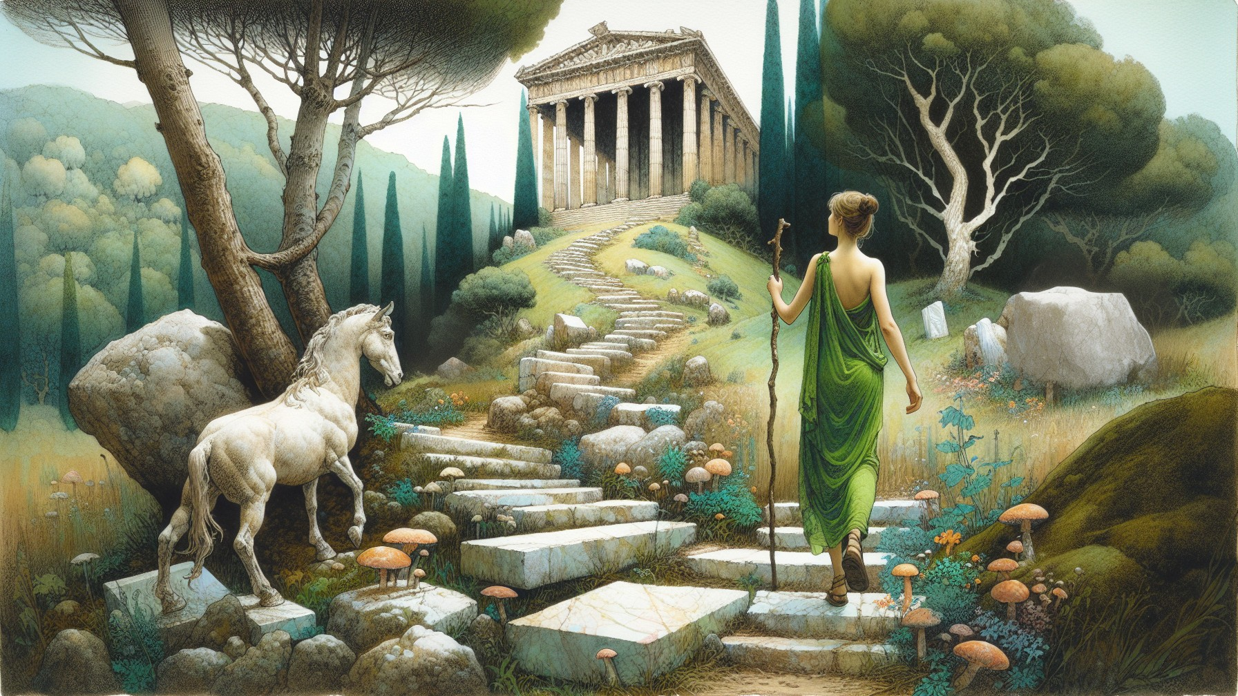 Serene landscape with woman and unicorn near temple